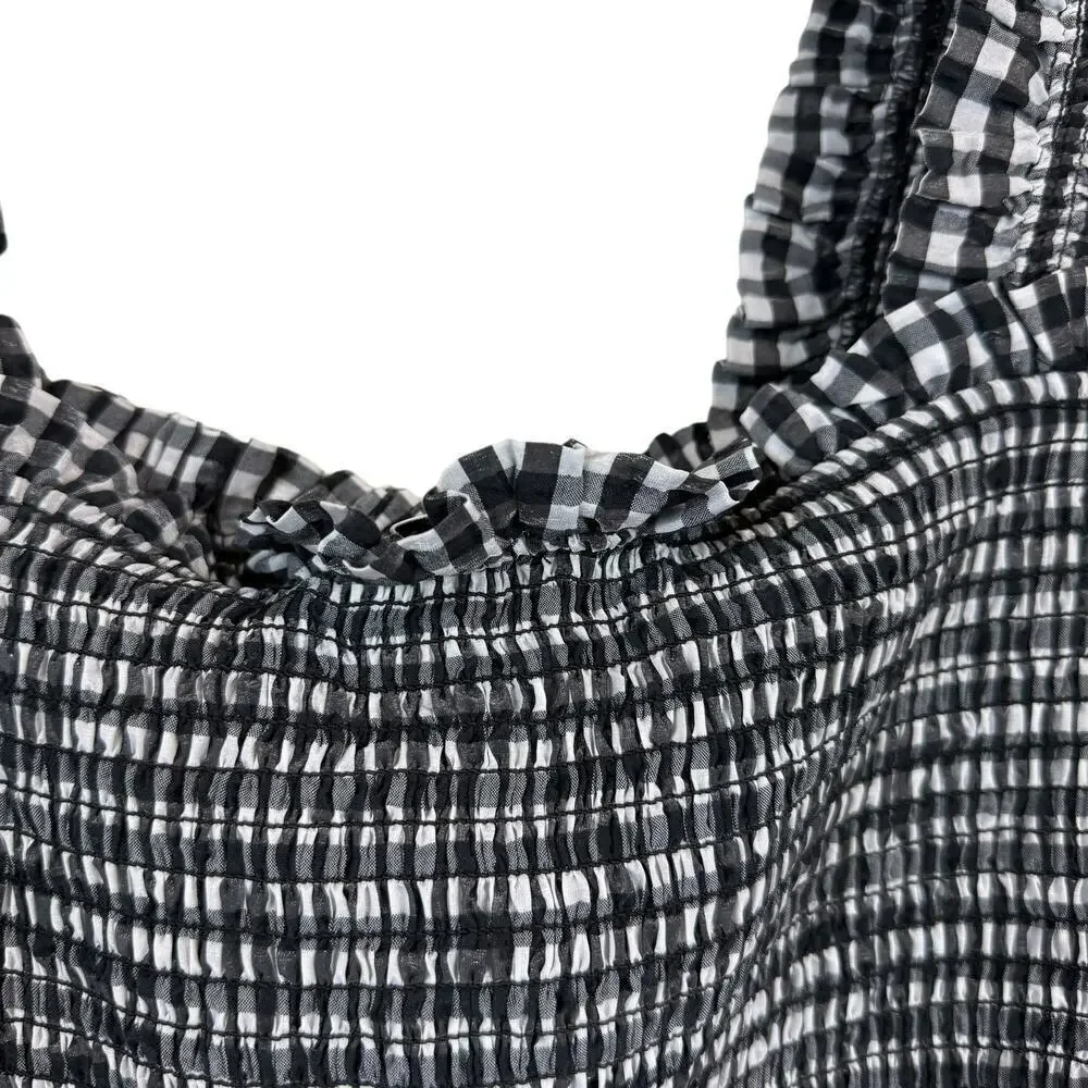 Ganni Gingham Check Seersucker Square Neck Puff Sleeve Dress Black White 12/44